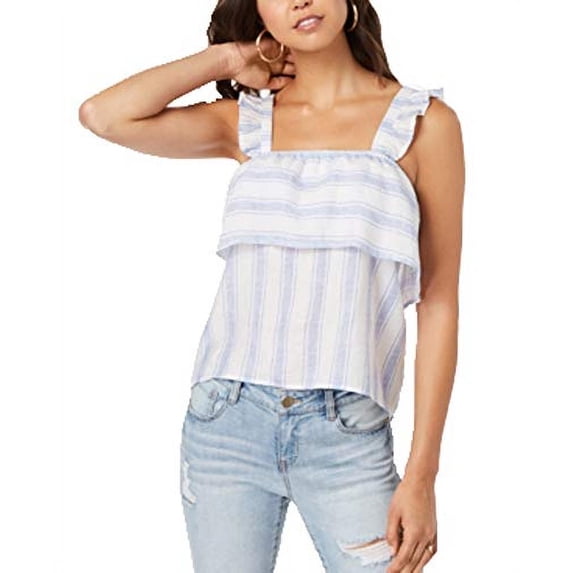 Almost Famous Juniors' Striped Ruffle-Trimmed Tank Top (Blue White Stripe, L)