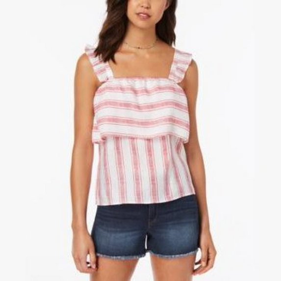 Almost Famous Juniors Striped Ruffle-Trimmed Tank Top, Choose Sz/Color: M/Red/White