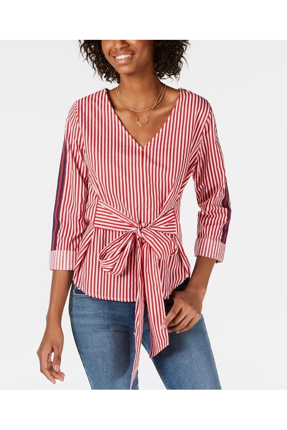 Juniors' Tie-Front Top (Red Stripe, L)