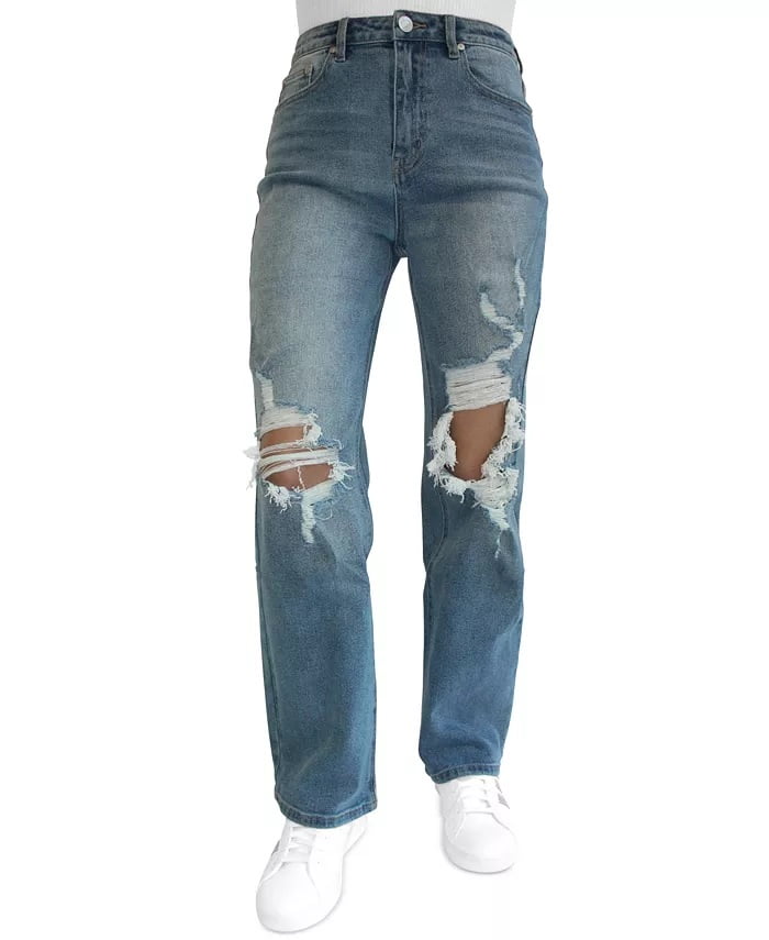 Almost Famous MEDIUM WASH Women's Juniors' Ripped 90s Wide Leg Jeans ...
