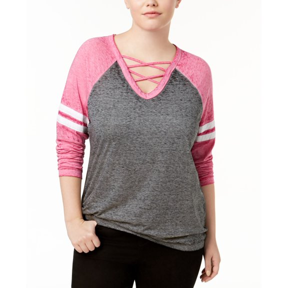 Almost Famous Trendy Plus Size Strappy Rugby T-Shirt Fuchsiaash 3X