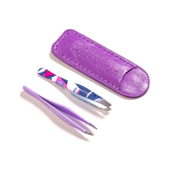 Almost Famous Precision Tweezer Duo with Genuine Leather Travel Case – Slant Tip and Pointed Tip Stainless Steel Tweezers for Eyebrows and Ingrown Hairs