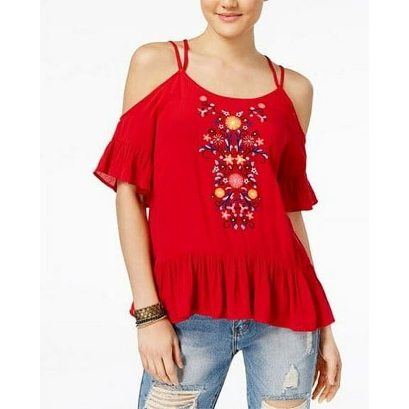 Almost Famous Womens Cold-Shoulder Ruffles Pullover Blouse, Red, Small