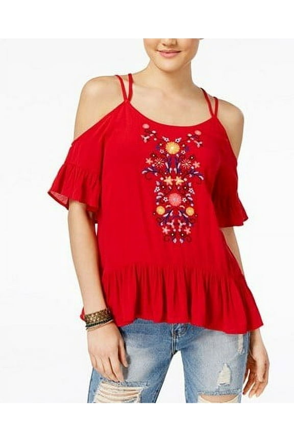 Womens Cold-Shoulder Ruffles Pullover Blouse, Red, Small
