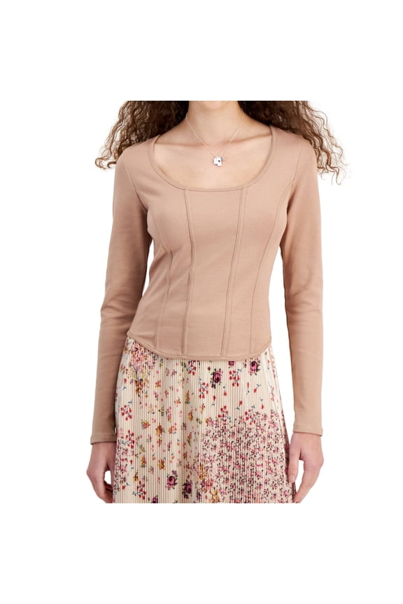 Womens Corset Knit Top Basic T-Shirt, Beige, Juniors, Medium