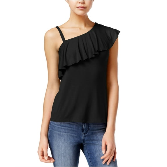 Almost Famous Womens One Shoulder Ruffle Pullover Blouse, Black, Large