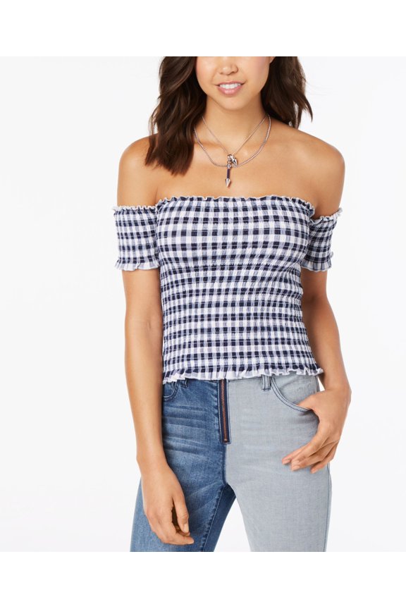 Juniors Printed Smocked Off The Shoulder Crop Top Navy Gingham XL
