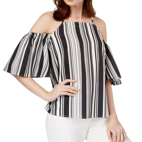 Almost Famous Womens Striped Cold Shoulder Blouse, Black, X-Small