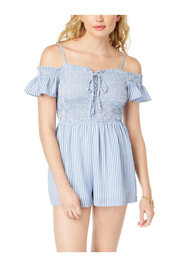 Juniors Smocked Cold Shoulder Romper Blue White XL