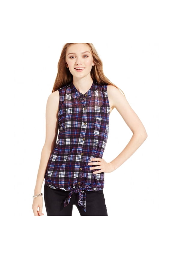 Womens Tie Hem Flannel Button Up Shirt, Blue, Juniors, X-Small