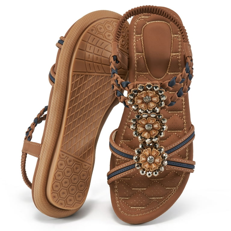 Ablanczoom Womens Sandals Rhinestone Flower Summer Flat Sandals