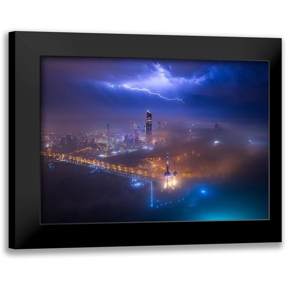 Alnomas, Faisal 24x18 Black Modern Framed Museum Art Print Titled - Fog And Lightning In Kuwait City