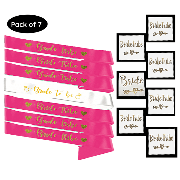 Alnoor USA 7- Pcs Pink Bachelorette Bride to Be (White) and Bridesmaid Sashes (Pink) Set- Bachelorette Sashes for Bachelorette Party | Bride Sash for Bridal Shower | Bride Tribe for Bachelorette Party