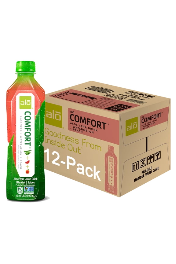 Comfort Aloe Vera Juice Drink, Watermelon + Peach + Aloe, 12 x 16.9 Fl oz bottles, Made with Real Aloe Vera Pulp & Juice Straight from the Leaf
