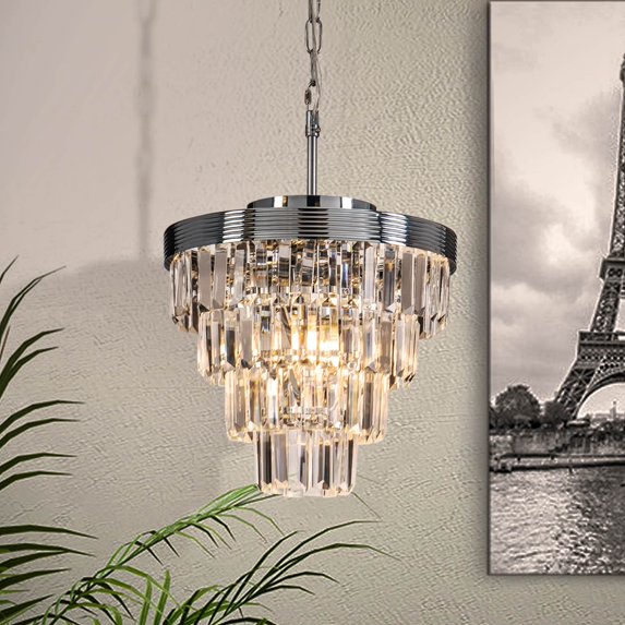 AloaDecor 3-Light 13" Cone Shape 4-Tier Crystal Chandelier Chrome Polished Adjustable Chrome