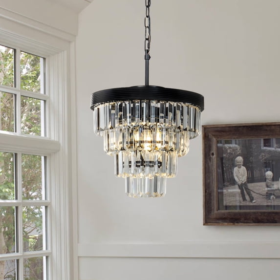 AloaDecor 3-Light 13" Cone Shape 4-Tier Crystal Chandelier Matt Black Painted 13 to 24 Inches Painted