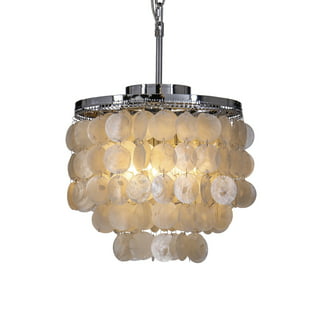 3-Light Coastal Natural Capiz Shell Tiered Chandelier With Square Antique  Gold Frame