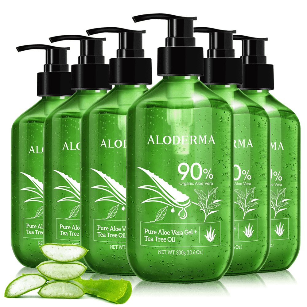 Aloderma 90% Organic Aloe Vera Gel With Tea Tree Oil 6 Btls, Pure Aloe Vera Gel for Face - Natural Aloe Vera Gel for Sunburn Treatment, Acne, Aftershave, After Waxing - Aloe Vera Moisturizer for Face