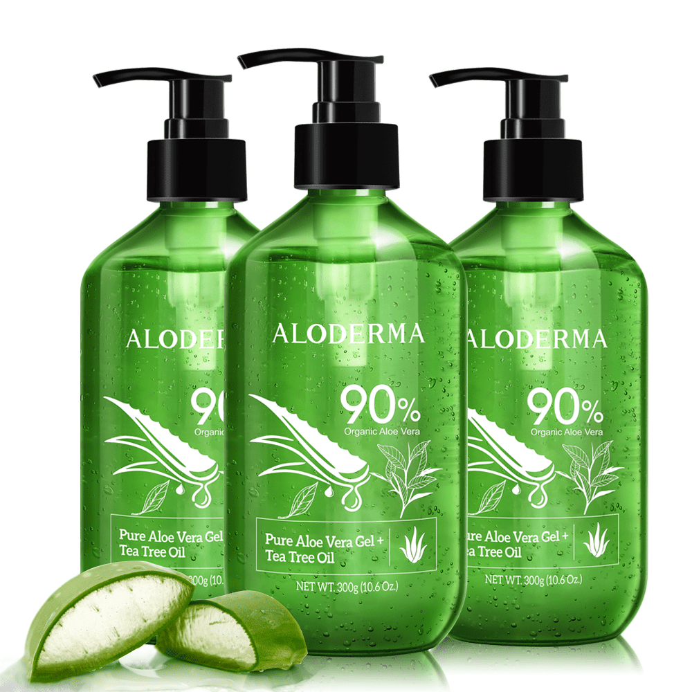 Aloderma 90% Organic Aloe Vera Gel With Tea Tree Oil 3 Btls, Pure Aloe Vera Gel for Face - Natural Aloe Vera Gel for Sunburn Treatment, Acne, Aftershave, After Waxing - Aloe Vera Moisturizer for Face