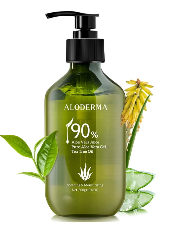 Aloderma 90% Pure Organic Aloe Vera Gel With Tea Tree Oil - Pure Aloe Vera Gel for Face - Natural Aloe Vera Gel for Sunburn Treatment, Acne, Aftershave, After Waxing - Aloe Vera Moisturizer for Face