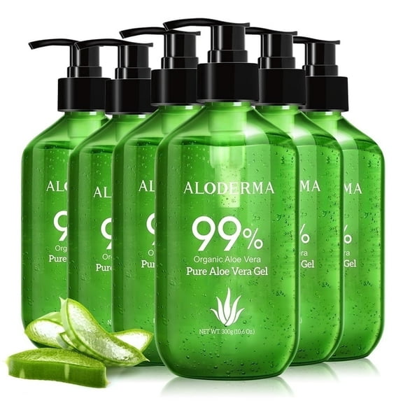 Aloderma 99% Organic Aloe Vera Gel, Bottled within 12 Hours of Harvest (300g, 10.6 oz), 6-Pack, No Sticky Residue - No Powder Concentrates or Water Added - Eco-Friendly