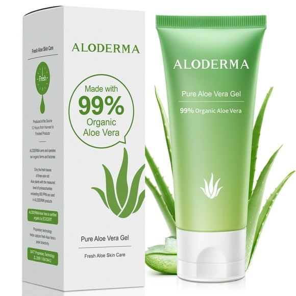 Aloderma 99% Organic Aloe Vera Gel, Made within 12 Hours of Harvest (1.5 oz), No Sticky Residue - No Powder Concentrates or Water, Eco-Friendly, Travel Size, Aloe Vera Gel for Skin & Sunburn Relief