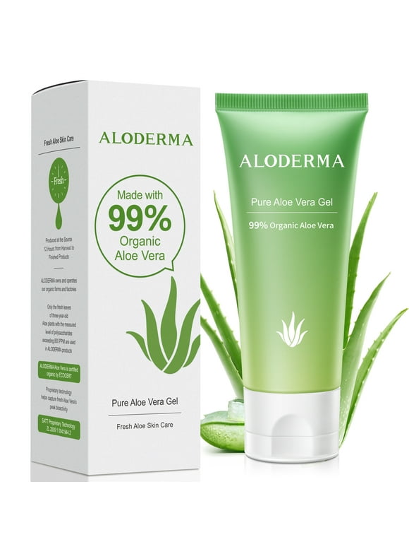 Aloderma 99% Organic Aloe Vera Gel, Made within 12 Hours of Harvest (1.5 oz), No Sticky Residue - No Powder Concentrates or Water, Eco-Friendly, Travel Size, Aloe Vera Gel for Skin & Sunburn Relief