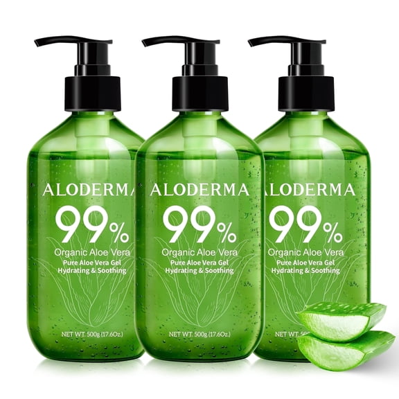 Aloderma 99% Organic Pure Aloe Vera Gel Made within 12 Hrs of Harvest, 17.6oz Value Pump, Lightweight Non-Sticky Aloe Vera Gel for Sunburn Relief, Natural, Soothing Aloe Vera for Face & Hair, 3-Pack