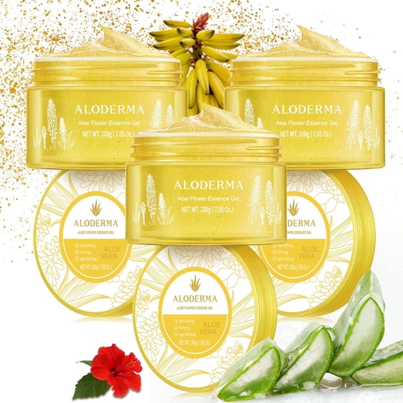 Aloderma Age-Defying Aloe Flower Essence Gel with 24K Gold Leaf, Made within 12 Hours of Harvest - Luxurious Aloe Gel with Allantoin & Hyaluronic Acid for a Shimmering, Youthful Complexion, 7oz 3Pack