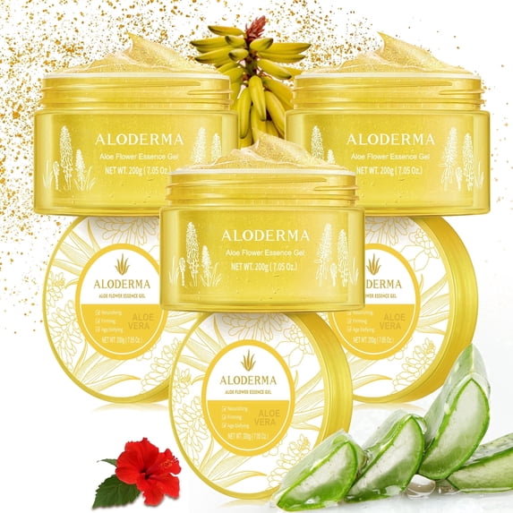 Aloderma Age-Defying Aloe Flower Essence Gel with 24K Gold Leaf, Made within 12 Hours of Harvest - Luxurious Aloe Gel with Allantoin & Hyaluronic Acid for a Shimmering, Youthful Complexion, 7oz 3Pack
