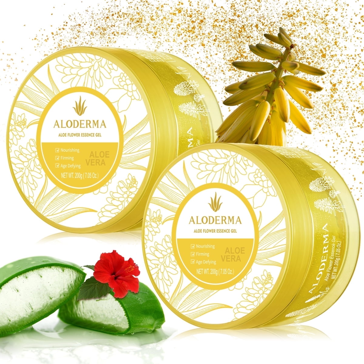 Aloderma Age-Defying Aloe Flower Essence Gel with 24K Gold Leaf, Made within 12 Hours of Harvest - Luxurious Aloe Gel with Allantoin & Hyaluronic Acid for a Youthful Complexion, 7oz 2-Pack