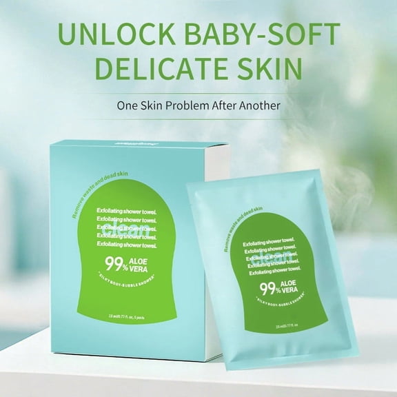 Aloe Exfoliating Shower Towel Disposable, Double-Sided Exfoliating Glove with Glycerin, Deep Cleansing Dead Skin Remover, Travel Size 5 Pack for Face and Body