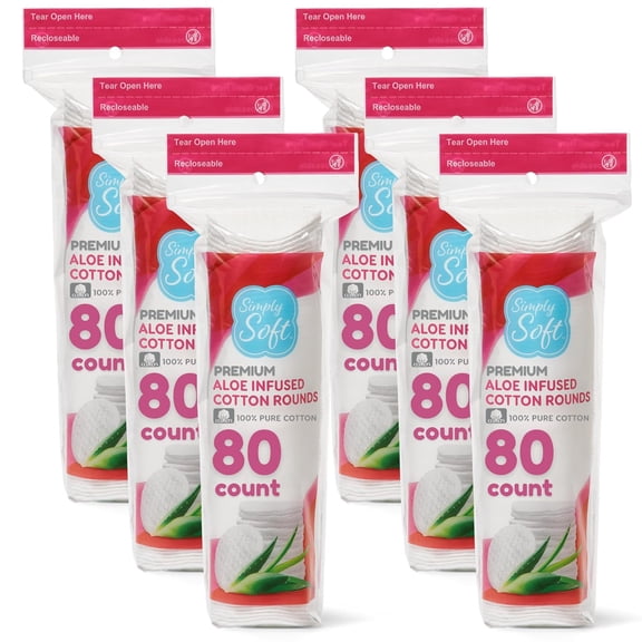 Aloe Infused Premium Cotton Rounds, 80 count (Pack of 6), Hydrating Vera, 100% Pure cotton, absorbent cotton pads, Moisturizes and soothes sensitive skin, Hypoallergenic
