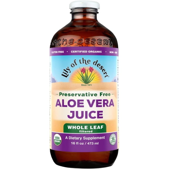 Lily of the Desert Aloe Vera Juice, Whole Leaf Filtered, Organic & Preservative Free Natural Vitamins, Digestive Enzymes for Gut Health, Glowing Skin & Wellness, 16 Fl Oz
