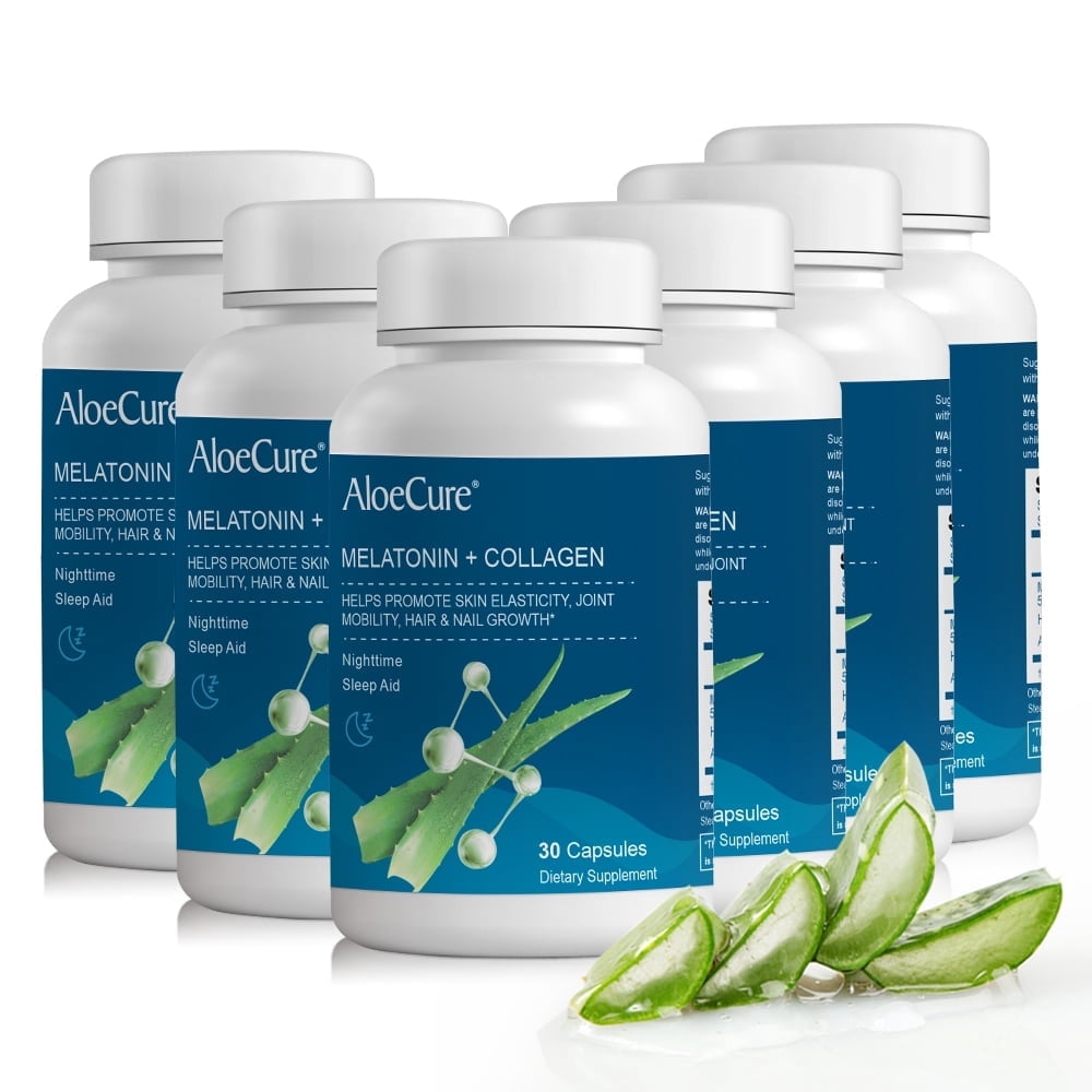 AloeCure Natural Melatonin + Collagen with Organic Aloe Vera - Natural Sleep Aid Supplement for Restful Nights - Collagen Complex for Joint Strength, Skin Elasticity, Hair & Nail Growth, 30 Caps x 6