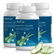 AloeCure Natural Melatonin + Collagen with Organic Aloe Vera - Natural Sleep Aid Supplement for Restful Nights - Collagen Complex for Joint Strength, Skin Elasticity, Hair & Nail Growth, 30 Caps x 3