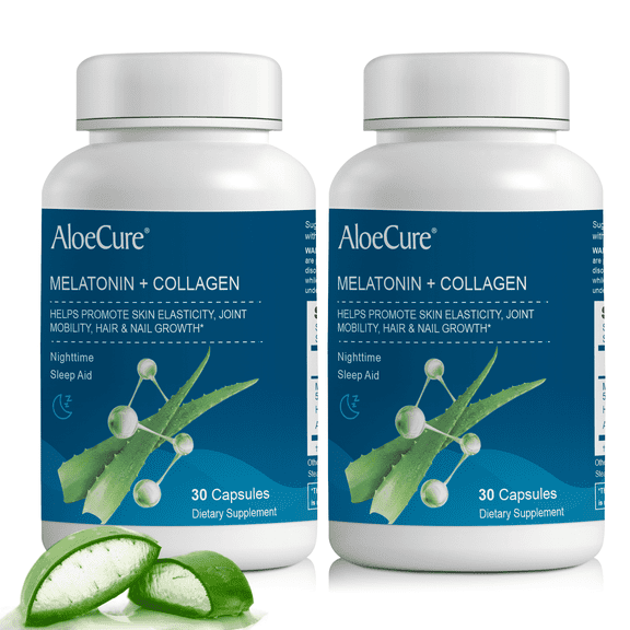 AloeCure Natural Melatonin + Collagen with Organic Aloe Vera - Natural Sleep Aid Supplement for Restful Nights - Collagen Complex for Joint Strength, Skin Elasticity, Hair & Nail Growth, 30 Caps x 2