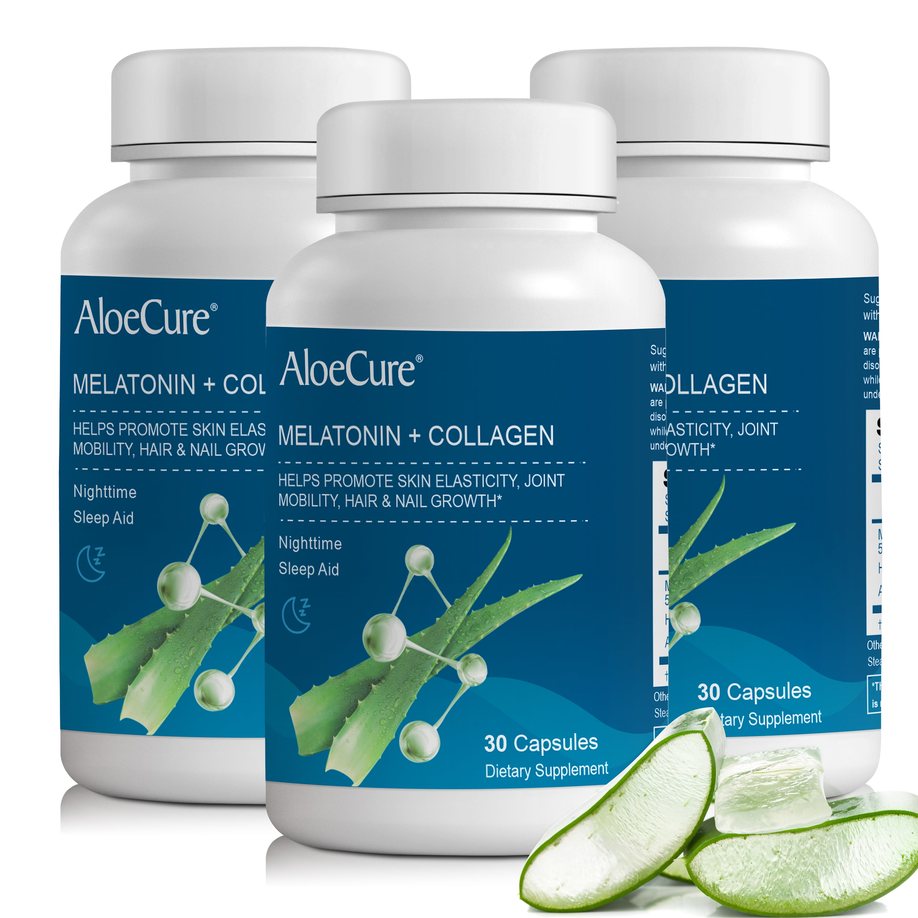 AloeCure Natural Melatonin + Collagen with Organic Aloe Vera - Natural Sleep Aid Supplement for Restful Nights - Collagen Complex for Joint Strength, Skin Elasticity, Hair & Nail Growth, 30 Capsules