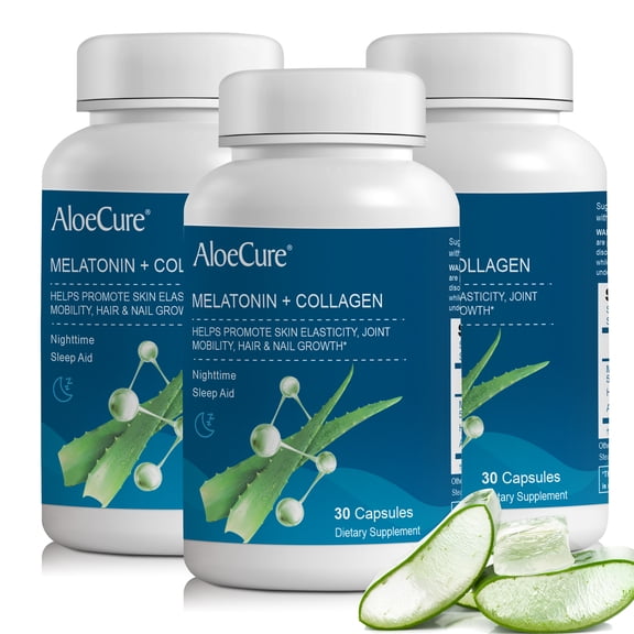AloeCure Natural Melatonin + Collagen with Organic Aloe Vera - Natural Sleep Aid Supplement for Restful Nights - Collagen Complex for Joint Strength, Skin Elasticity, Hair & Nail Growth, 30 Caps x 3