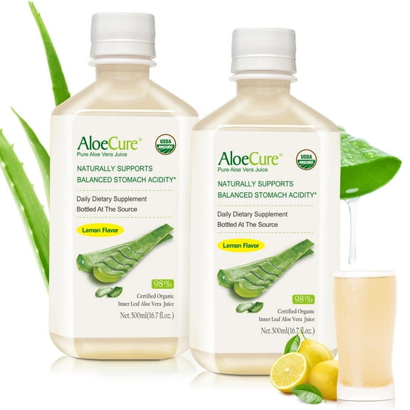 AloeCure USDA Organic Aloe Vera Juice Lemon Flavor - Made Within 12 Hours of Harvest - Natural Digestive Supplement for Balanced Stomach Acidity - Support Digestive and Immune Health, 2 Btls x 16.7oz