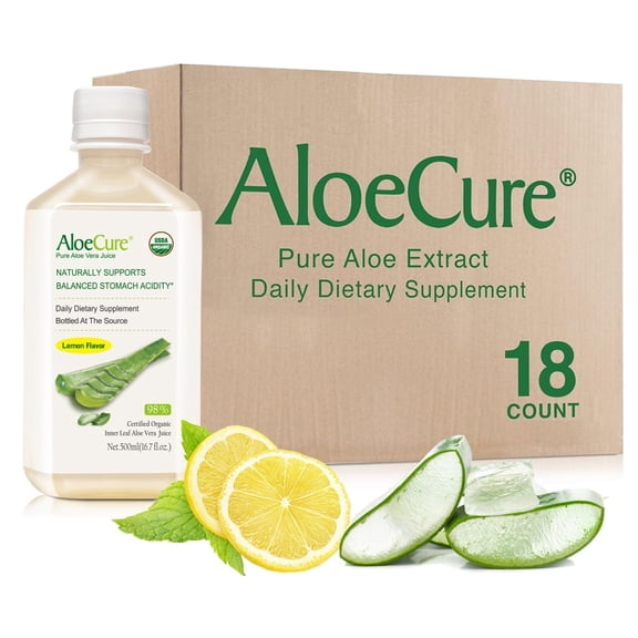 AloeCure USDA Organic Aloe Vera Juice Lemon Flavor - Made Within 12 Hours of Harvest - Natural Digestive Supplement for Balanced Stomach Acidity - Support Digestive and Immune Health, 18 Btls x 16.7o