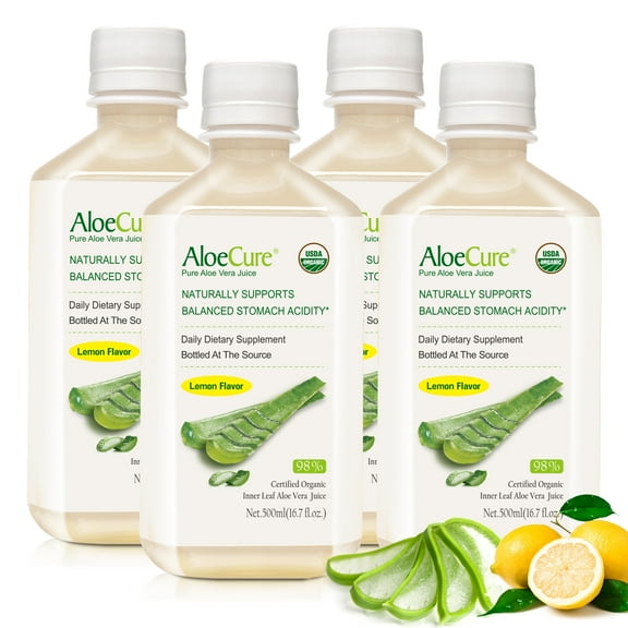 AloeCure USDA Organic Aloe Vera Juice Lemon Flavor - Made Within 12 Hours of Harvest - Natural Digestive Supplement for Balanced Stomach Acidity - Support Digestive and Immune Health, 4 Btls x 16.7oz
