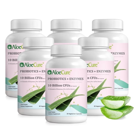 AloeCure Probiotics + Enzyme Capsules for Women's Digestive Health with 10 Billion CFU - Aloe Supplement, Full Spectrum Probiotic + Prebiotic Supplement, Gut Support, Super Enzymes, 6 Btl x 30 Caps