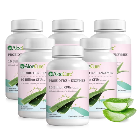 AloeCure Probiotics + Enzyme Capsules for Women's Digestive Health with 10 Billion CFU - Aloe Supplement, Full Spectrum Probiotic + Prebiotic Supplement, Gut Support, Super Enzymes, 6 Btl x 30 Caps