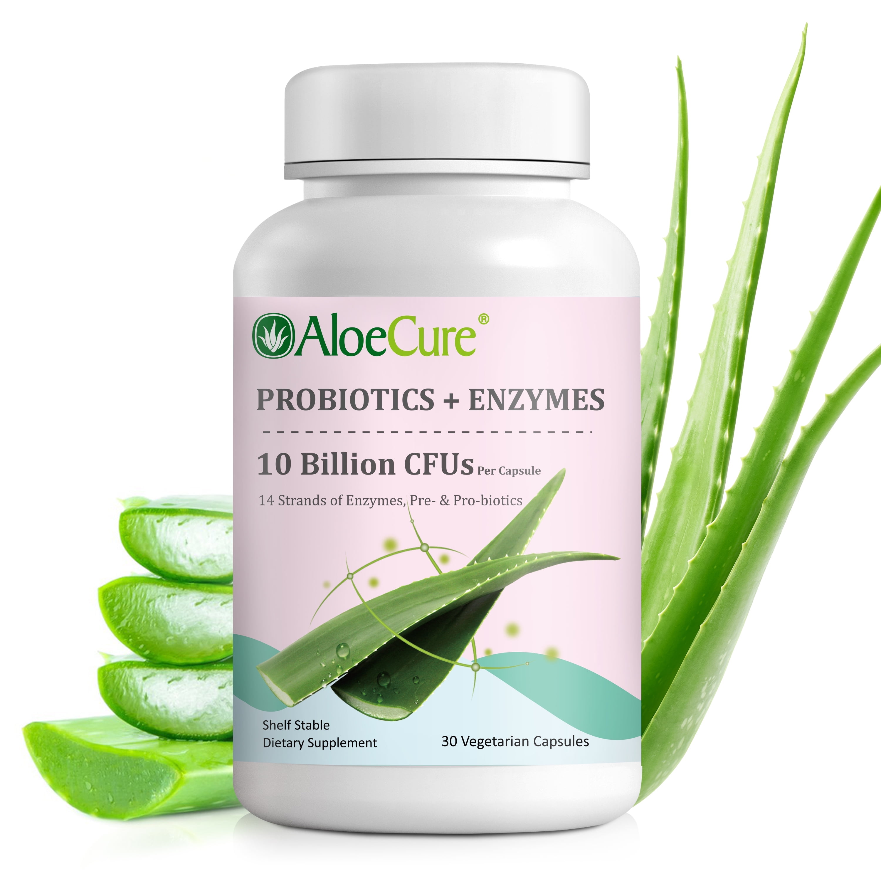 AloeCure Probiotics + Enzyme Capsules for Women's Digestive Health with 10 Billion CFU - Daily Aloe Supplement, Full Spectrum Probiotic + Prebiotic Supplement, Gut Support, Super Enzymes, 30 Caps