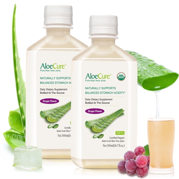 AloeCure USDA Organic Aloe Vera Juice Grape Flavor, Made Within 12 H of Harvest - Pure Aloe Juice Beverage, Natural Digestive & Immune Support, Support Balanced Stomach Acidity, 2 Bottles x 16.7oz