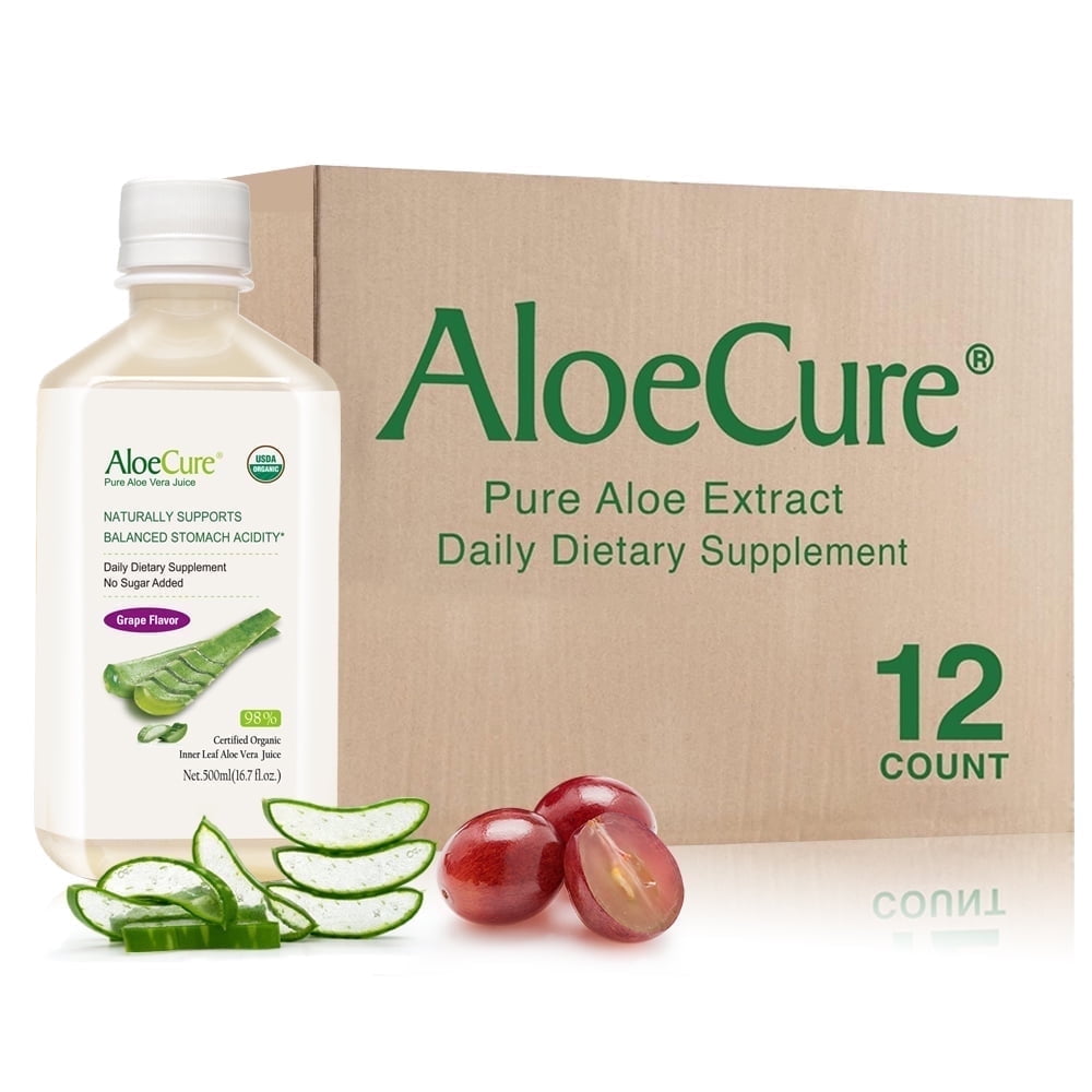 AloeCure USDA Organic Aloe Vera Juice Grape Flavor, Made Within 12 Hours of Harvest - Pure Aloe Vera Drink Natural Treatment for Acid Reflux, GERD, Natural Acid Buffer, Aloe Vera Inner Fillet Juice