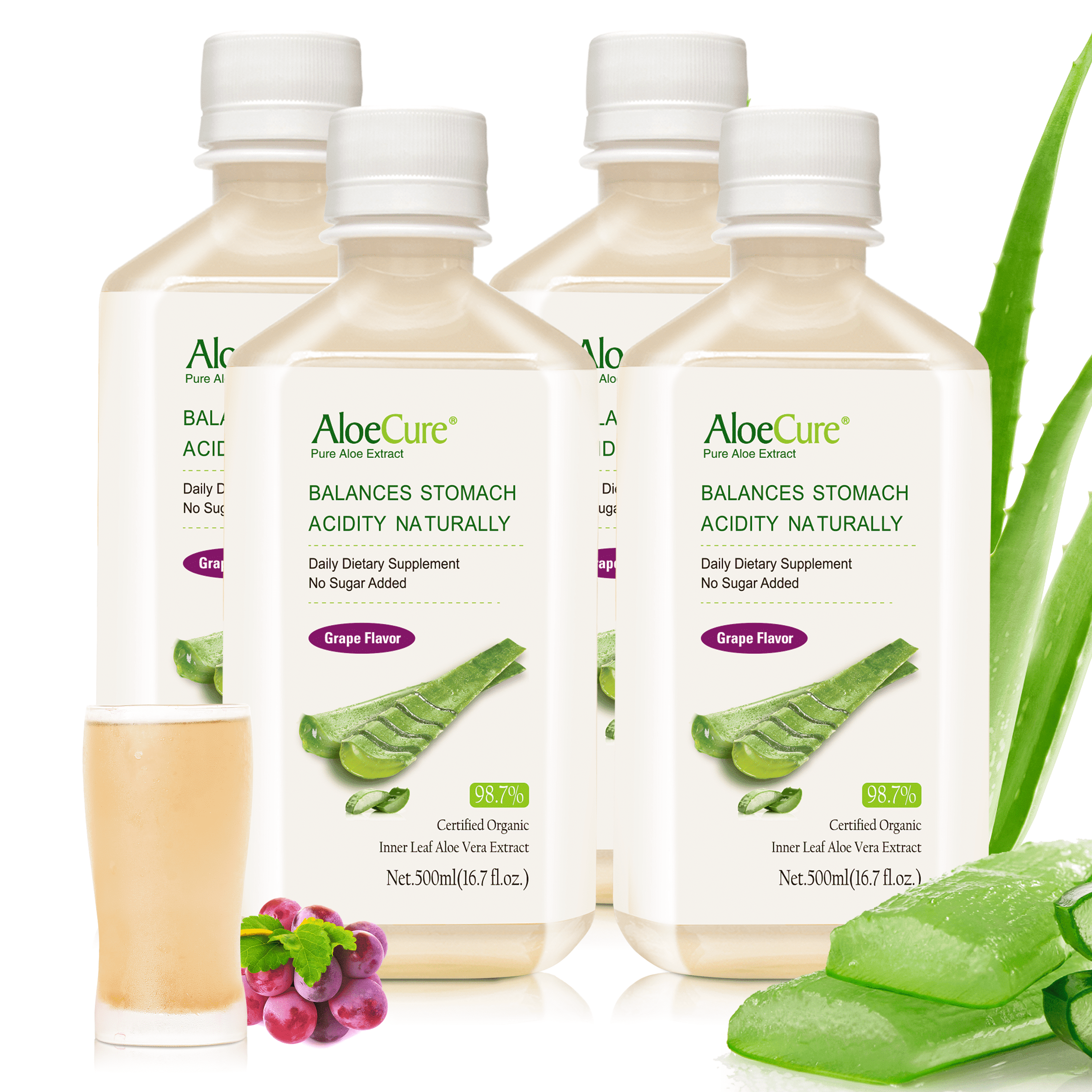 AloeCure USDA Organic Aloe Vera Juice Grape Flavor, Made Within 12 Hours of Harvest - Pure Aloe Vera Drink Natural Treatment for Acid Reflux, GERD, Natural Acid Buffer, Aloe Vera Inner Fillet Juice