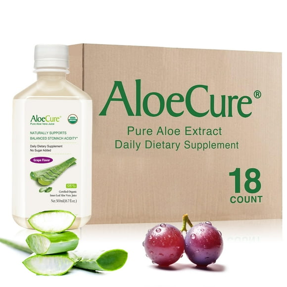 AloeCure USDA Organic Aloe Vera Juice Grape Flavor, Made Within 12 Hours of Harvest - Pure Aloe Vera Drink Natural Treatment for Acid Reflux, GERD, Natural Acid Buffer, Aloe Vera Inner Fillet Juice