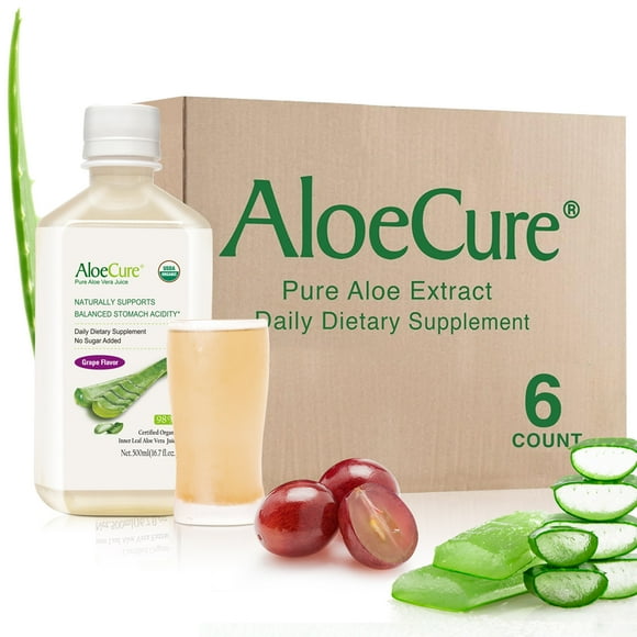 AloeCure USDA Organic Aloe Vera Juice Grape Flavor, Made Within 12 Hours of Harvest - Pure Aloe Vera Drink Natural Treatment for Acid Reflux, GERD, Natural Acid Buffer, Aloe Vera Inner Fillet Juice